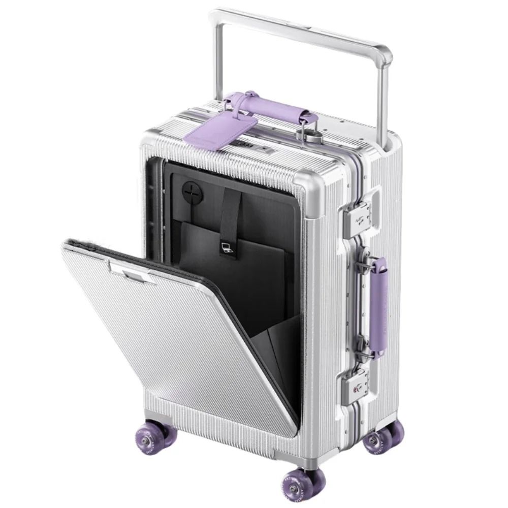 Front Opening Pocket Rolling Luggage With Aluminum Frame Wide Handle Silent Wheels USB Charging And 3