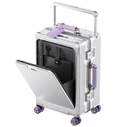 Front Opening Pocket Rolling Luggage With Aluminum Frame Wide Handle Silent Wheels USB Charging And 3
