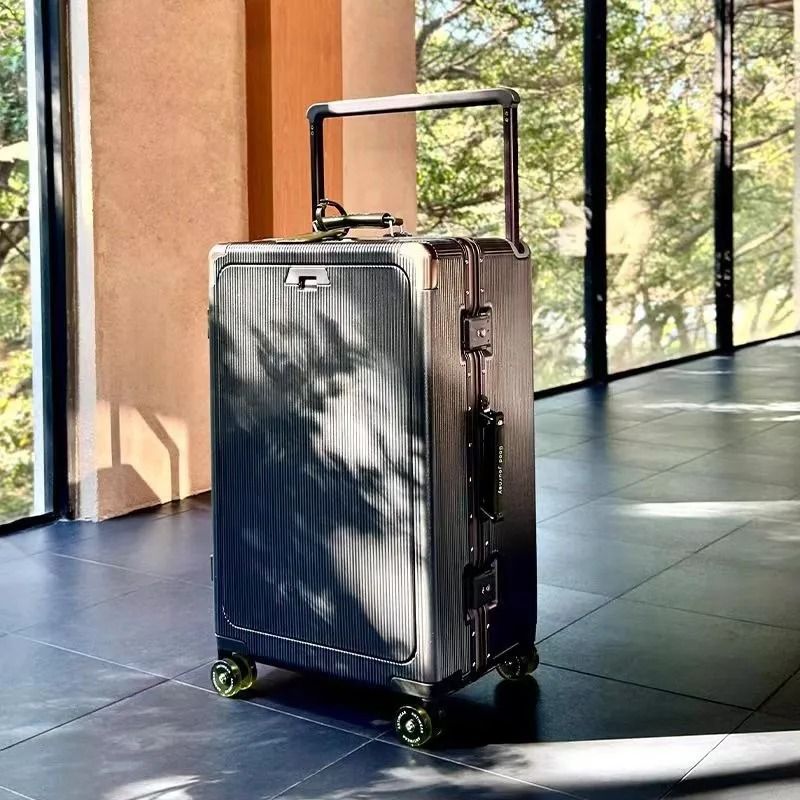 Front Opening Pocket Rolling Luggage With Aluminum Frame Wide Handle Silent Wheels USB Charging And 12