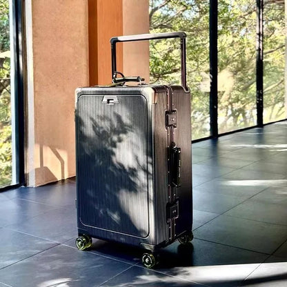Front Opening Pocket Rolling Luggage With Aluminum Frame Wide Handle Silent Wheels USB Charging And 12