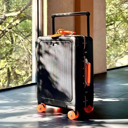 Front Opening Pocket Rolling Luggage With Aluminum Frame Wide Handle Silent Wheels USB Charging And 14
