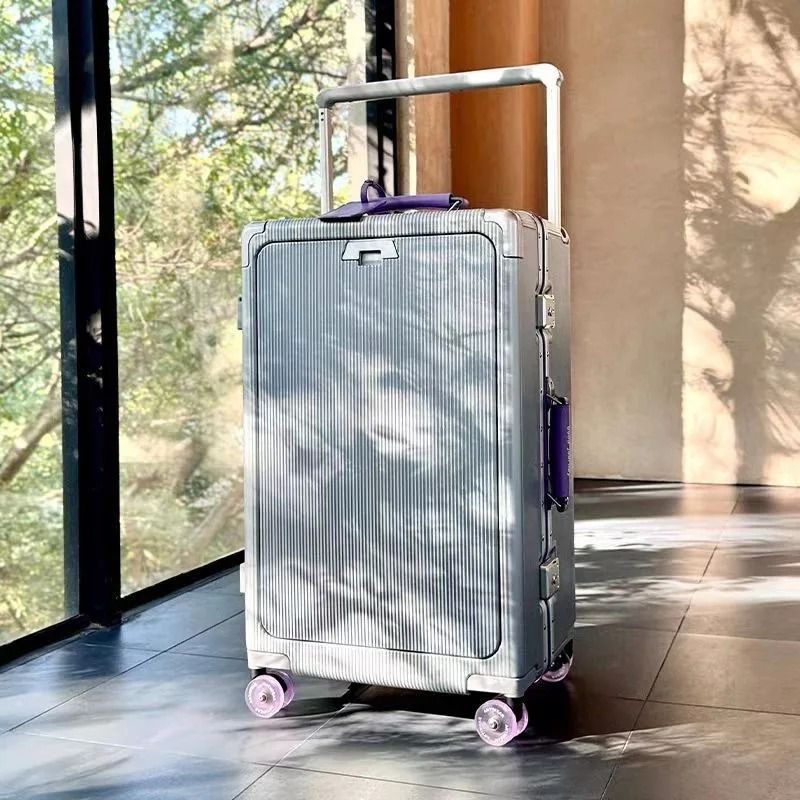 Front Opening Pocket Rolling Luggage With Aluminum Frame Wide Handle Silent Wheels USB Charging And 7