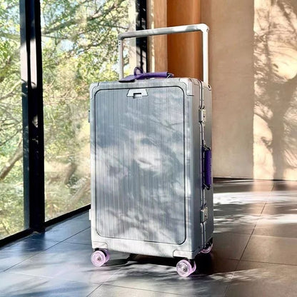 Front Opening Pocket Rolling Luggage With Aluminum Frame Wide Handle Silent Wheels USB Charging And 7