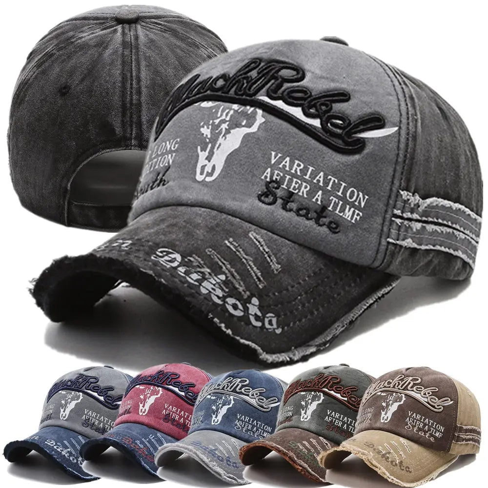 Vintage Washed Cotton Baseball Cap, Unisex Letter Embroidery Hat, Cow Head Pattern Men Women Outdoor Sports Cap