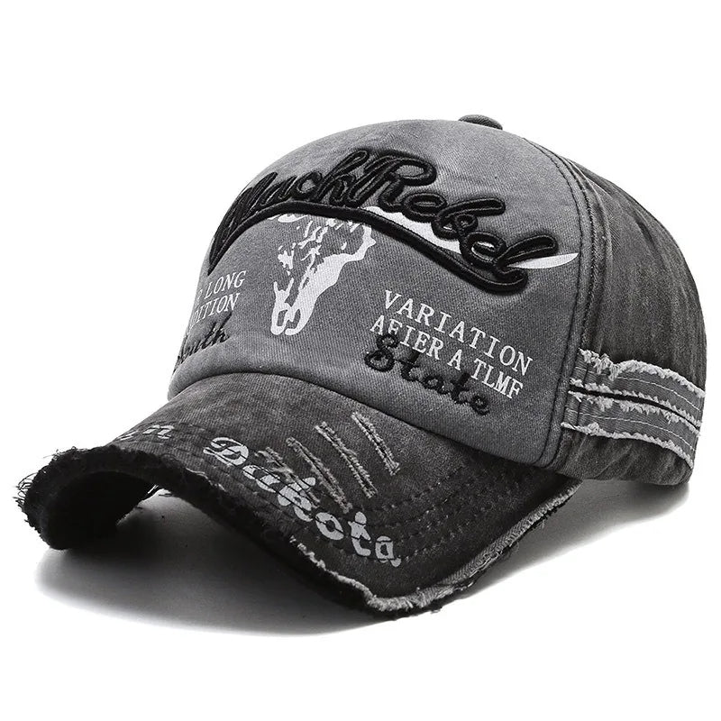 Vintage Washed Cotton Baseball Cap, Unisex Letter Embroidery Hat, Cow Head Pattern Men Women Outdoor Sports Cap