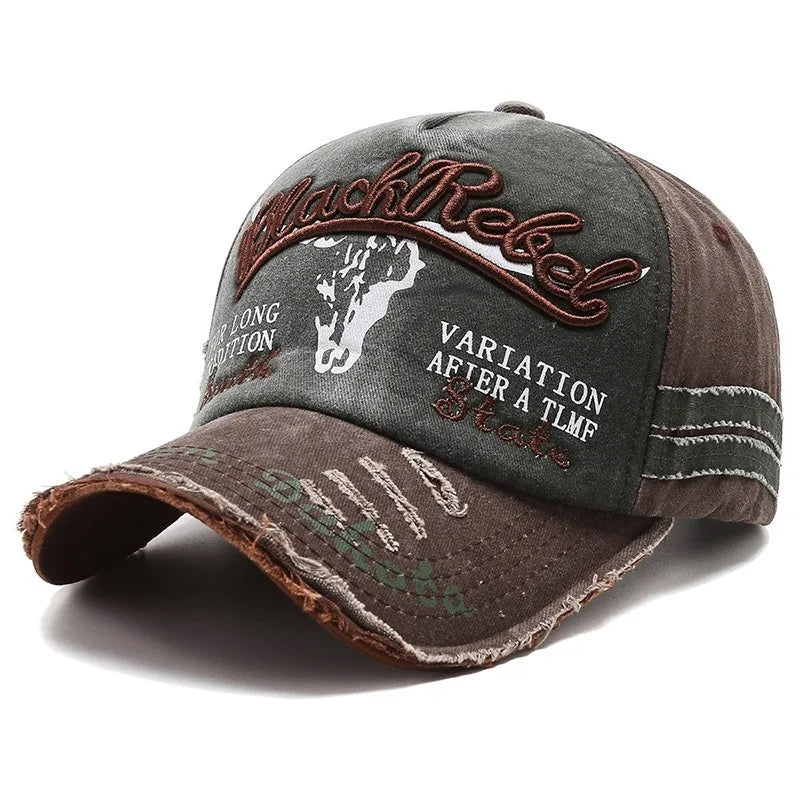 Vintage Washed Cotton Baseball Cap, Unisex Letter Embroidery Hat, Cow Head Pattern Men Women Outdoor Sports Cap
