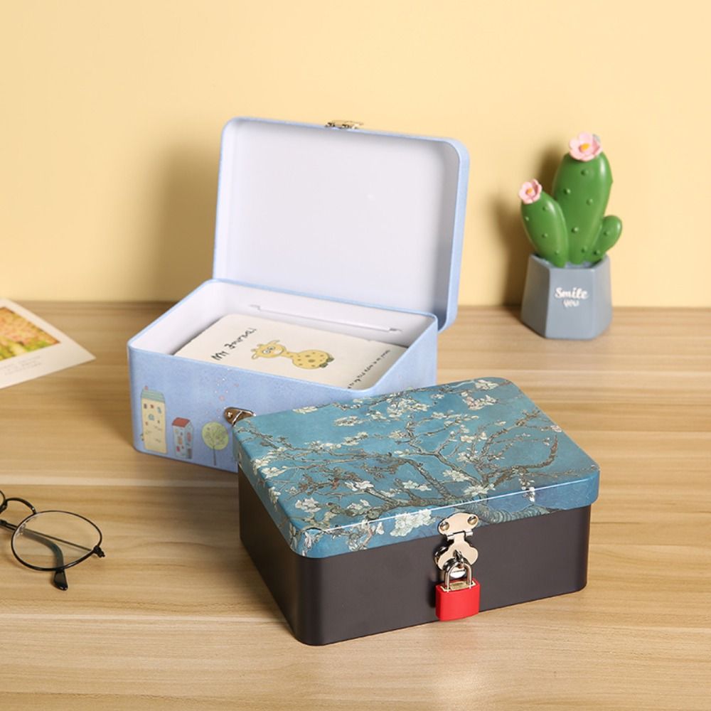 Vintage Large Capacity Tinplate Box with Lock Key, Desktop Storage Case for Jewelry, Sweets, Keepsakes