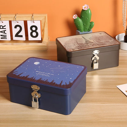 Vintage Large Capacity Tinplate Box with Lock Key, Desktop Storage Case for Jewelry, Sweets, Keepsakes