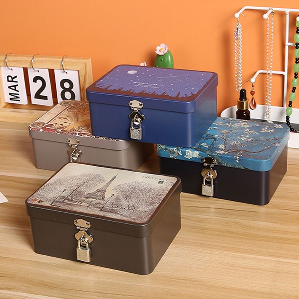 Vintage Large Capacity Tinplate Box with Lock Key, Desktop Storage Case for Jewelry, Sweets, Keepsakes