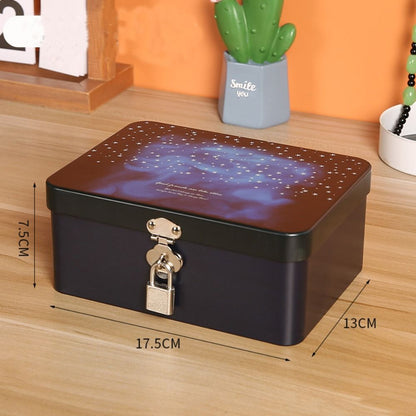 Vintage Large Capacity Tinplate Box with Lock Key, Desktop Storage Case for Jewelry, Sweets, Keepsakes