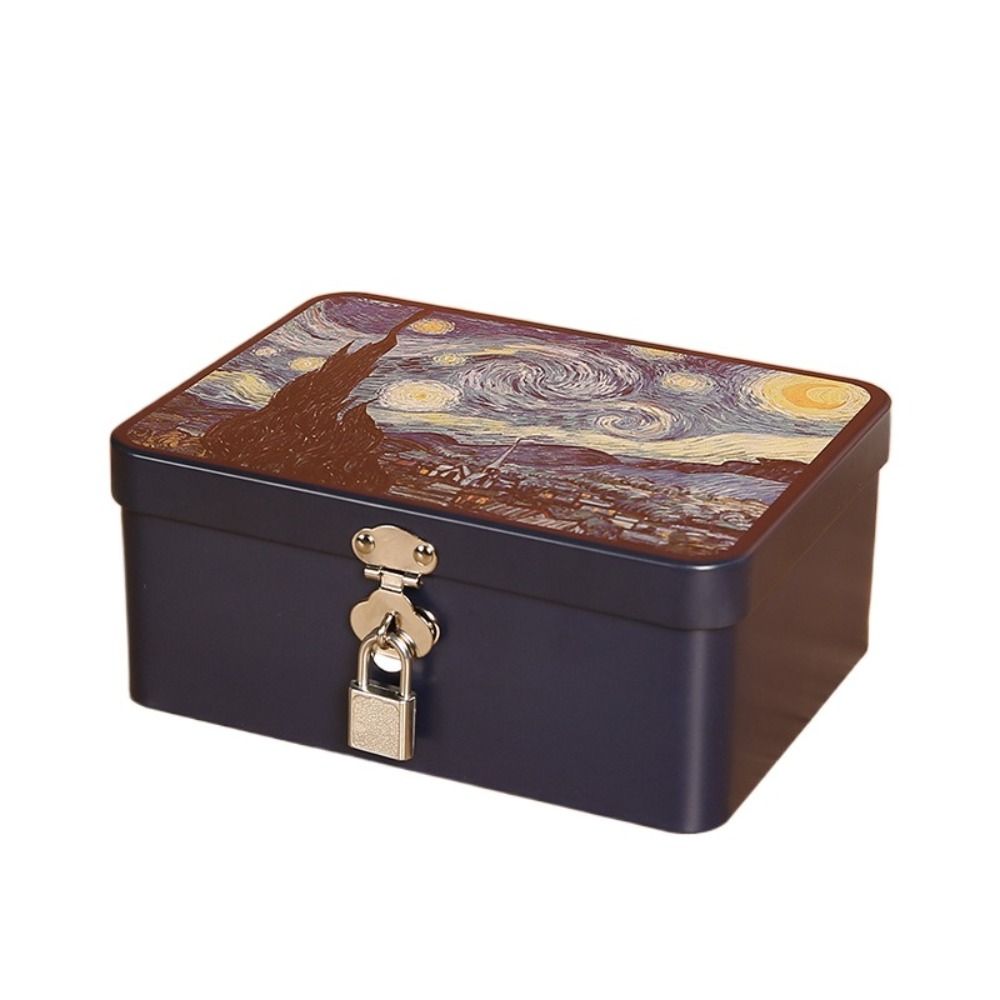 Vintage Large Capacity Tinplate Box with Lock Key, Desktop Storage Case for Jewelry, Sweets, Keepsakes