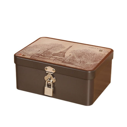 Vintage Large Capacity Tinplate Box with Lock Key, Desktop Storage Case for Jewelry, Sweets, Keepsakes