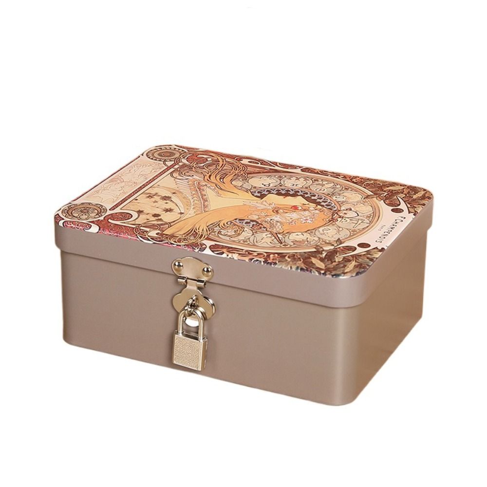 Vintage Large Capacity Tinplate Box with Lock Key, Desktop Storage Case for Jewelry, Sweets, Keepsakes