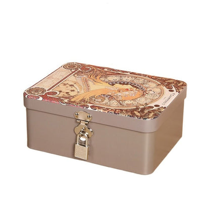 Vintage Large Capacity Tinplate Box with Lock Key, Desktop Storage Case for Jewelry, Sweets, Keepsakes