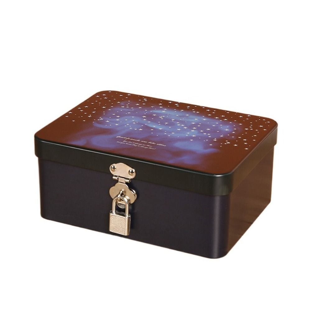 Vintage Large Capacity Tinplate Box with Lock Key, Desktop Storage Case for Jewelry, Sweets, Keepsakes
