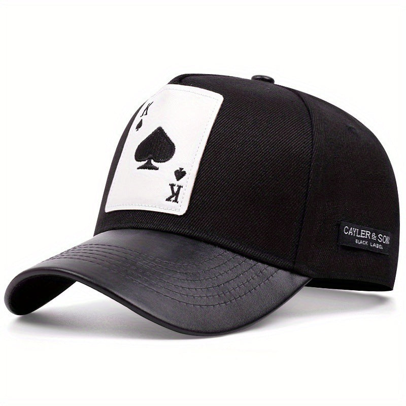 PU Leather Playing Card Peach Heart K Embroidery Hip Hop Cap, Outdoor Adjustable Casual Baseball Hat, Sun Protection
