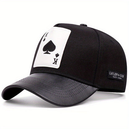 PU Leather Playing Card Peach Heart K Embroidery Hip Hop Cap, Outdoor Adjustable Casual Baseball Hat, Sun Protection