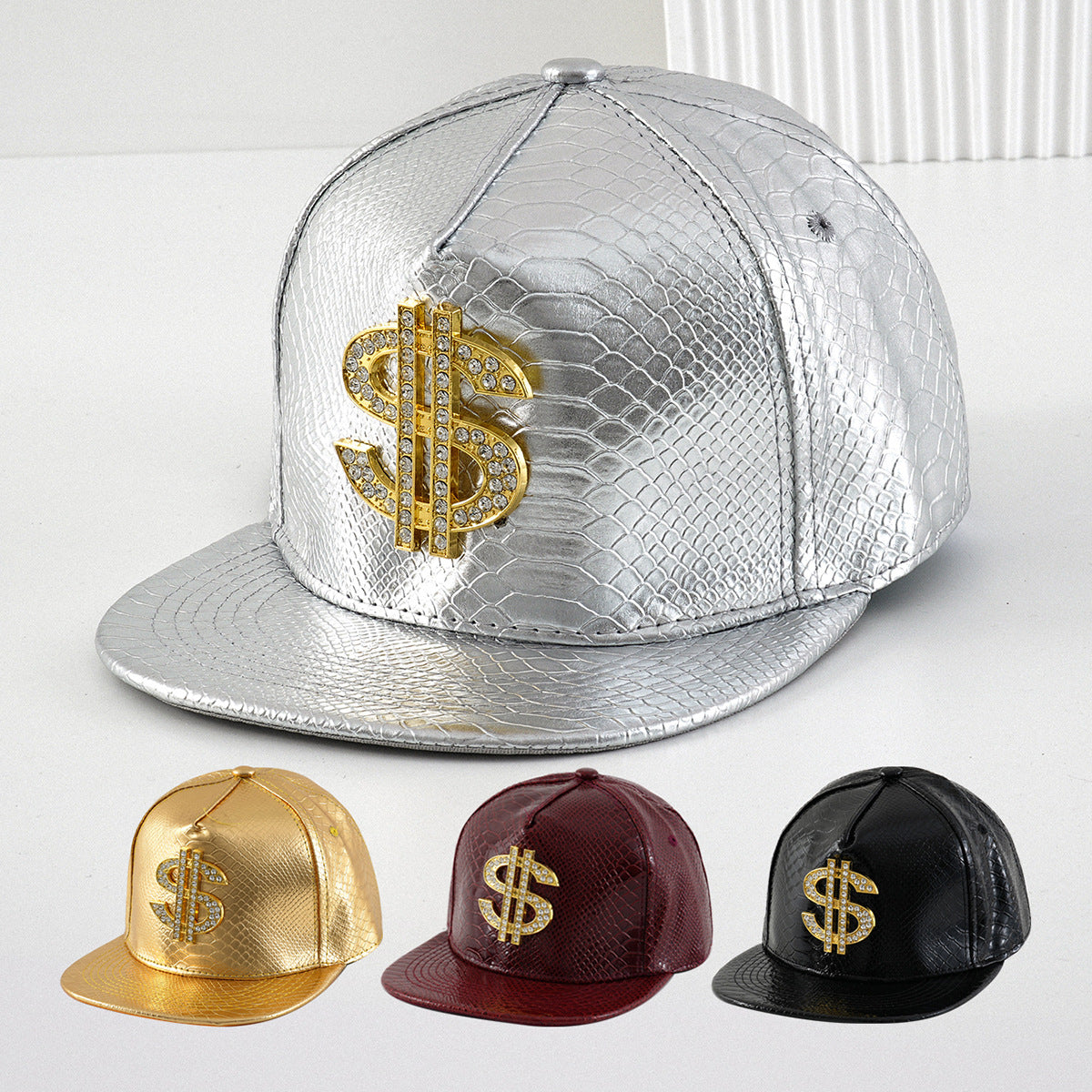 Flat Brim Hip Hop Caps Crocodile Pattern Metal Label, Street Dance Fashion Hat, Break Dancing Fitted Cap