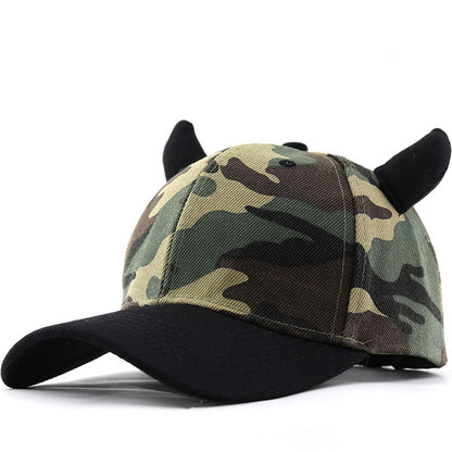 Camouflage Bull Horn Baseball Hat with Handmade DIY Devil Cross Cloth Embroidery, Adjustable Duck Tongue Cap for Men