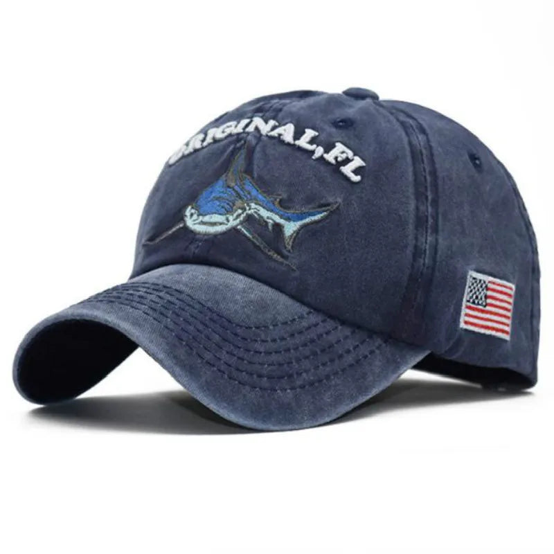 Vintage Embroidery Washed Cotton Shark Dad Hat for Men, Hip Hop Curved Fishing Cap, Summer Fish Snapback Women Baseball