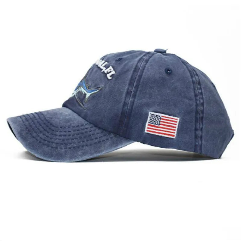 Vintage Embroidery Washed Cotton Shark Dad Hat for Men, Hip Hop Curved Fishing Cap, Summer Fish Snapback Women Baseball