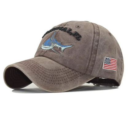Vintage Embroidery Washed Cotton Shark Dad Hat for Men, Hip Hop Curved Fishing Cap, Summer Fish Snapback Women Baseball