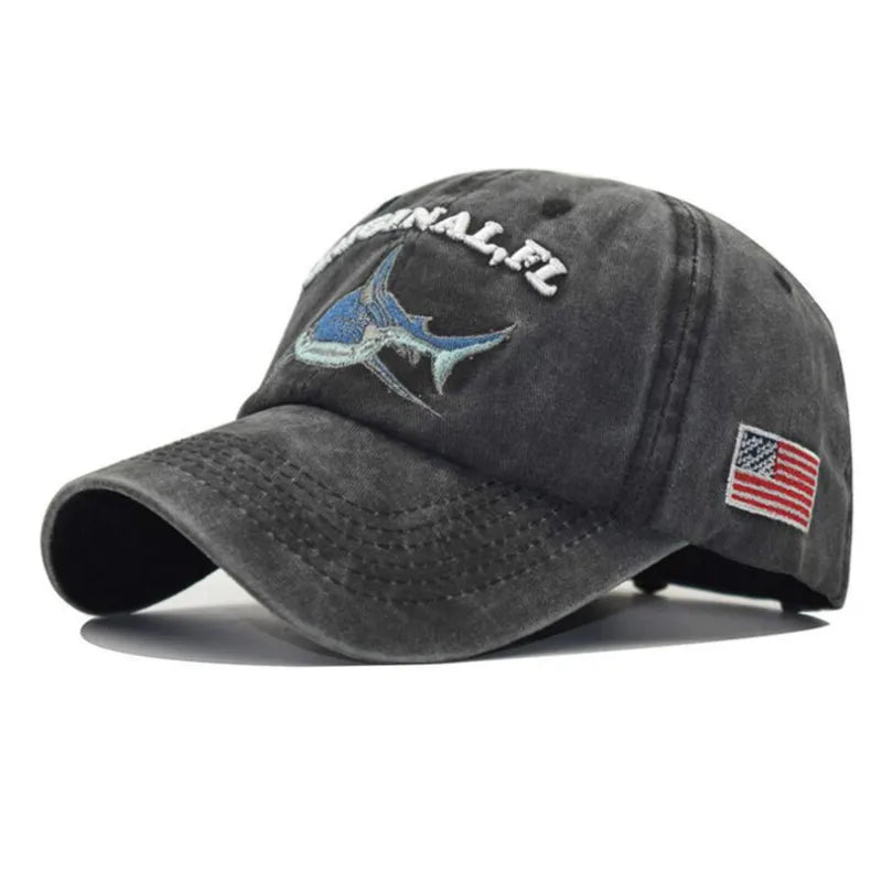 Vintage Embroidery Washed Cotton Shark Dad Hat for Men, Hip Hop Curved Fishing Cap, Summer Fish Snapback Women Baseball