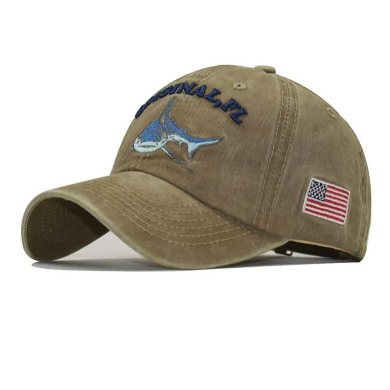 Vintage Embroidery Washed Cotton Shark Dad Hat for Men, Hip Hop Curved Fishing Cap, Summer Fish Snapback Women Baseball