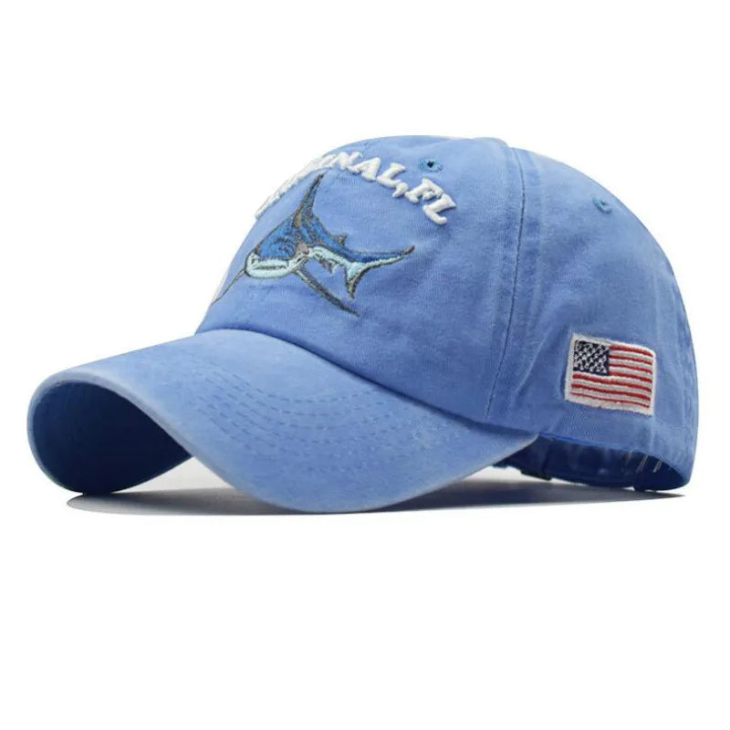 Vintage Embroidery Washed Cotton Shark Dad Hat for Men, Hip Hop Curved Fishing Cap, Summer Fish Snapback Women Baseball