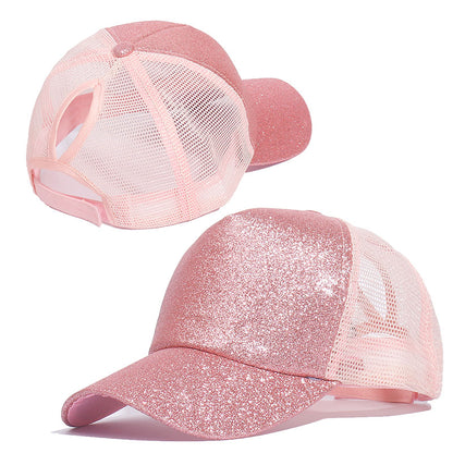 Sequins Ponytail Baseball Cap for Women Girls, Fashion Messy Bun Snapback Hat, Casual Sun Caps Gorra with Shiny Design