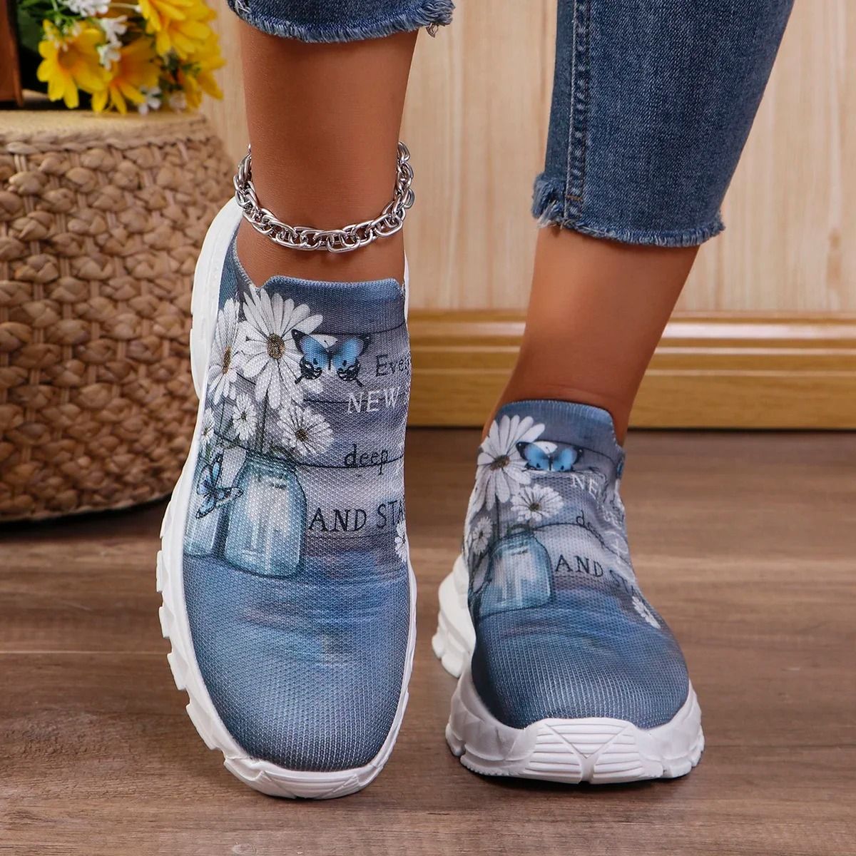 Letters Floral Print Platform Sneakers For Women Fashion Knitting Casual Sports Shoes 1