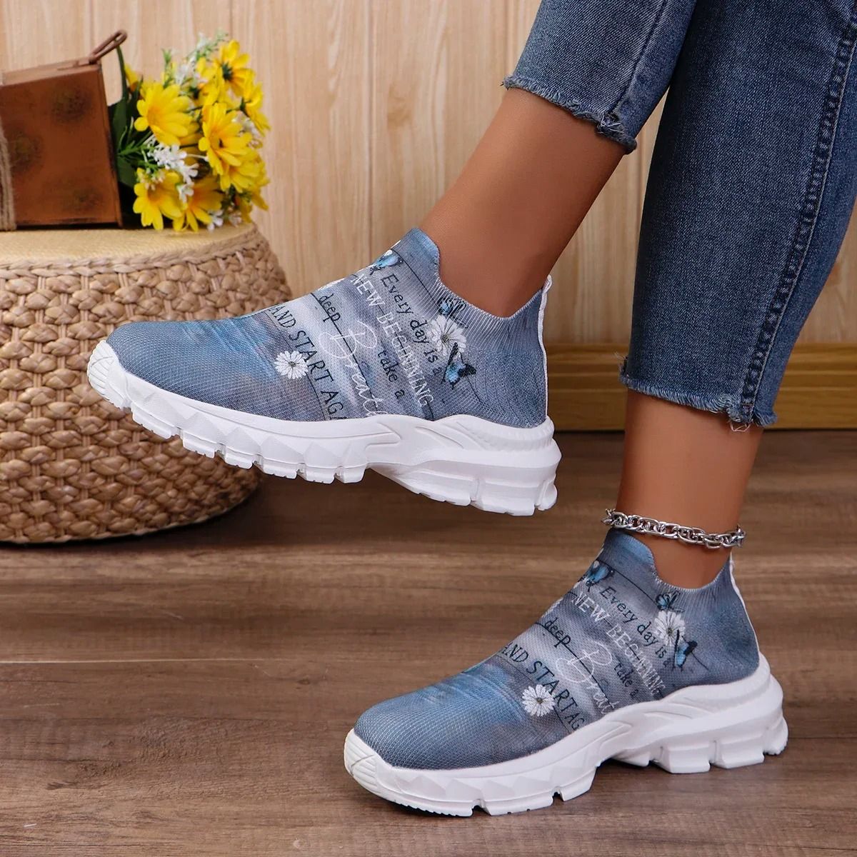 Letters Floral Print Platform Sneakers For Women Fashion Knitting Casual Sports Shoes 3