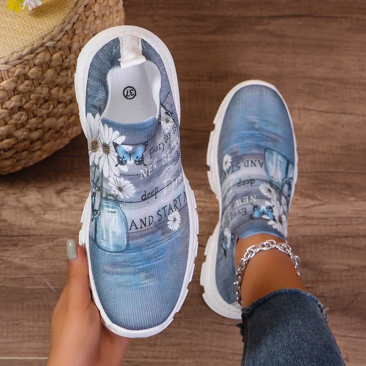 Letters Floral Print Platform Sneakers For Women Fashion Knitting Casual Sports Shoes 5
