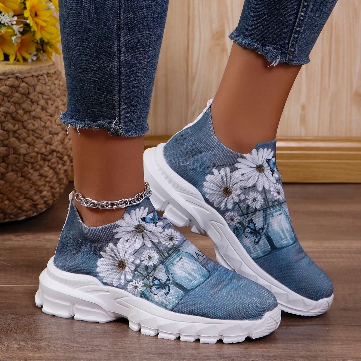 Letters Floral Print Platform Sneakers For Women Fashion Knitting Casual Sports Shoes 6