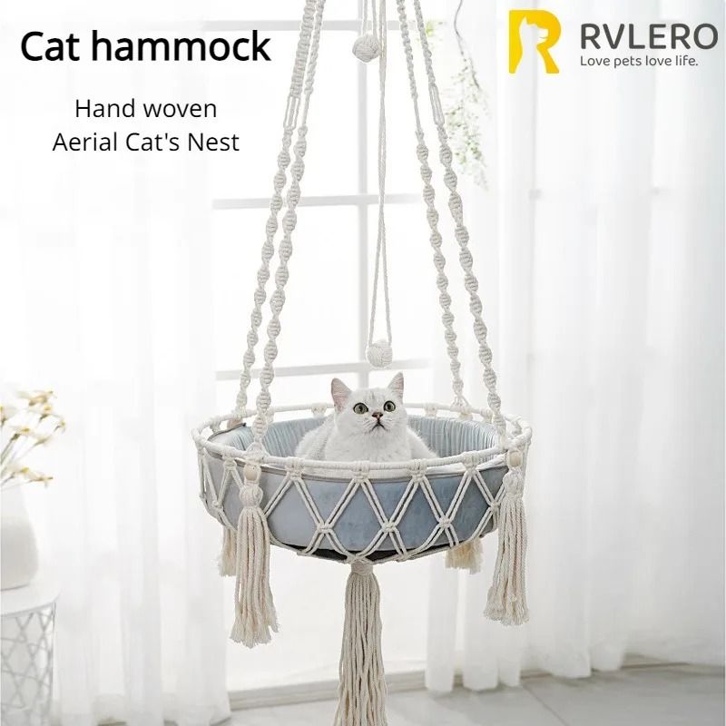 Hand Woven Cat Hammock with Cushion Indoor Hanging Swing Bed