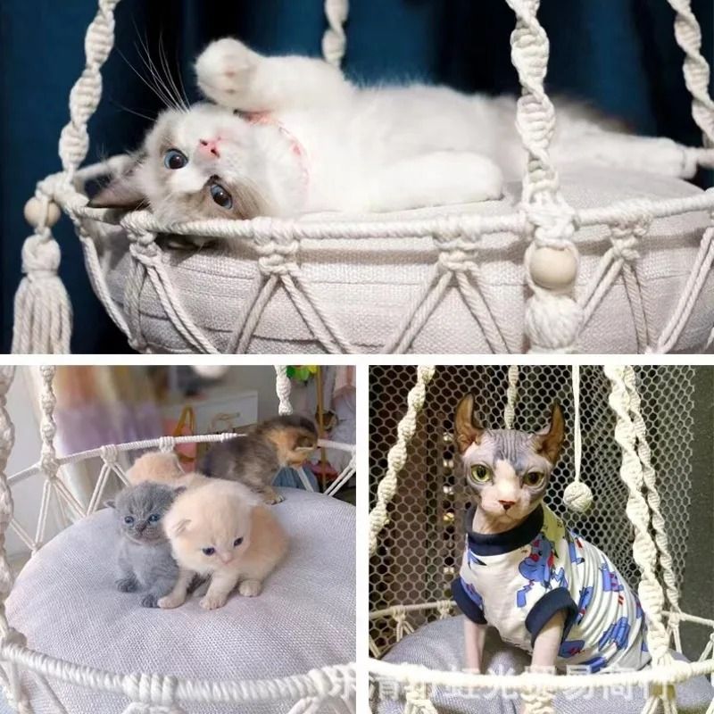 Hand Woven Cat Hammock With Cushion Indoor Hanging Swing Bed 4