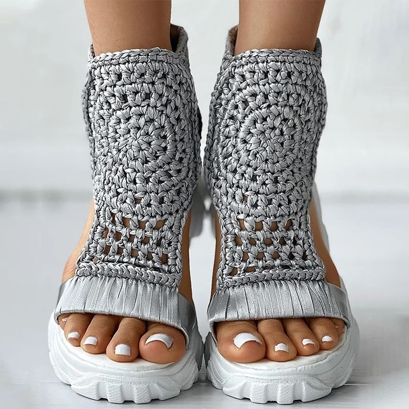 Braided Geometric Wedge Sandals for Women with Elastic Mesh Upper