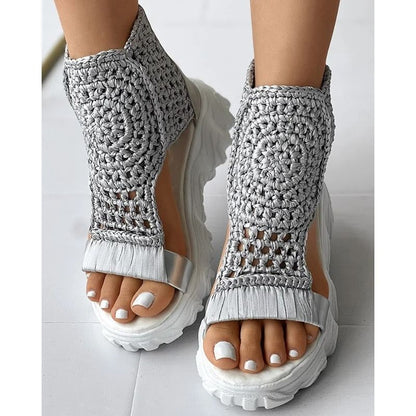 Braided Geometric Wedge Sandals For Women With Elastic Mesh Upper 2