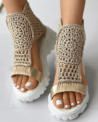 Braided Geometric Wedge Sandals For Women With Elastic Mesh Upper 9