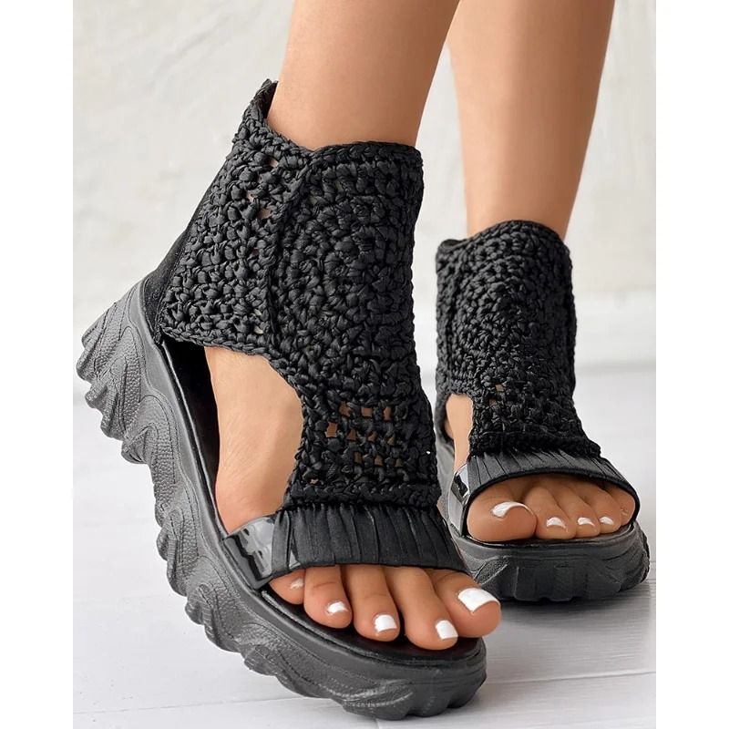 Braided Geometric Wedge Sandals For Women With Elastic Mesh Upper 5