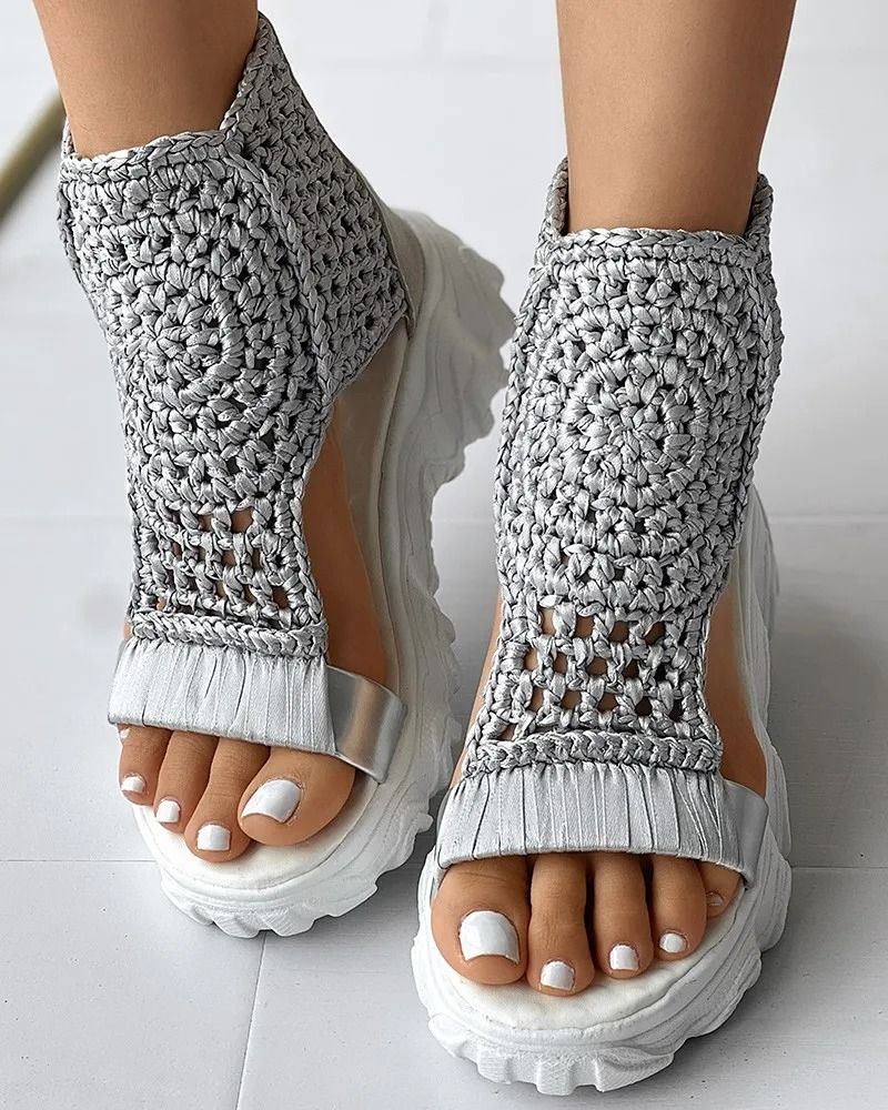 Braided Geometric Wedge Sandals For Women With Elastic Mesh Upper 8