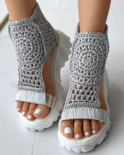 Braided Geometric Wedge Sandals For Women With Elastic Mesh Upper 8