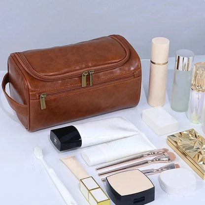 Leather Toiletry Bag With Hanging Hook And Large Storage Compartments 2