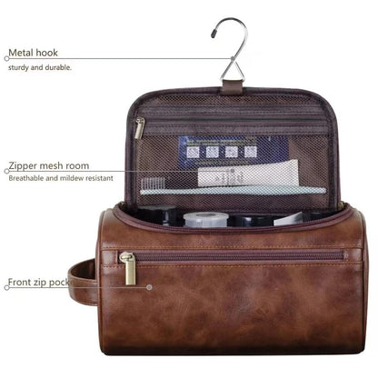 Leather Toiletry Bag With Hanging Hook And Large Storage Compartments 3
