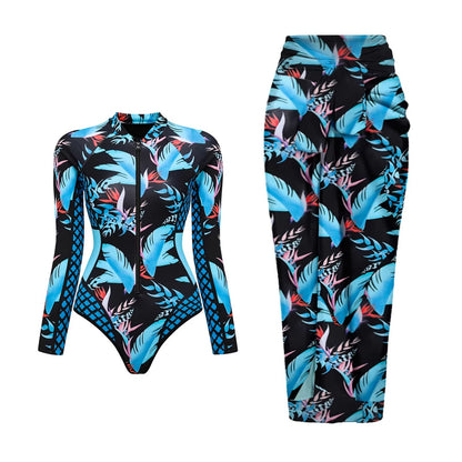 Womens Long Sleeve One Piece Swimsuit With Wrap Skirt Vintage Print Surfing Bathing Suit 1