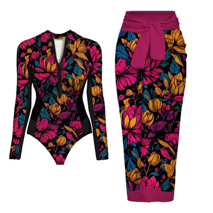 Womens Long Sleeve One Piece Swimsuit With Wrap Skirt Vintage Print Surfing Bathing Suit 9
