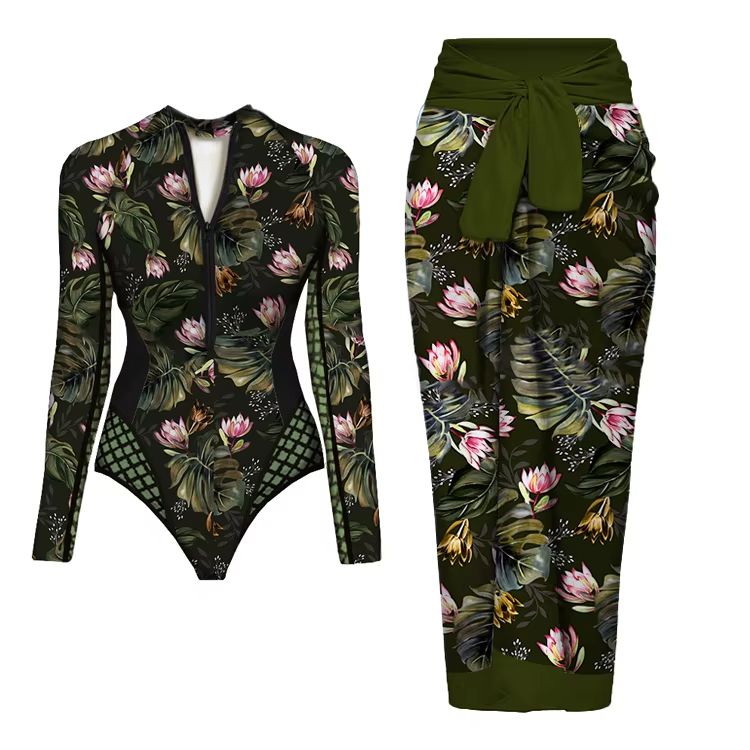 Womens Long Sleeve One Piece Swimsuit With Wrap Skirt Vintage Print Surfing Bathing Suit 10