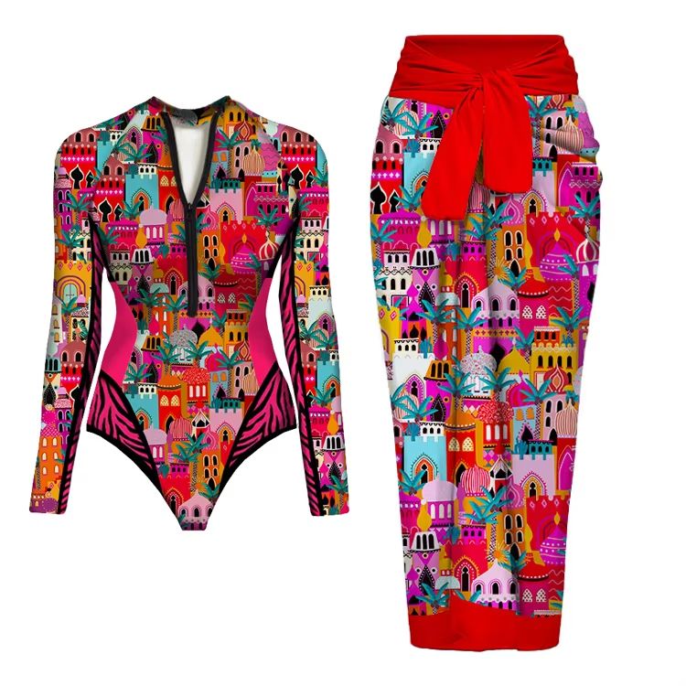 Womens Long Sleeve One Piece Swimsuit With Wrap Skirt Vintage Print Surfing Bathing Suit 12