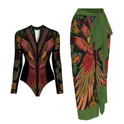 Womens Long Sleeve One Piece Swimsuit With Wrap Skirt Vintage Print Surfing Bathing Suit 3