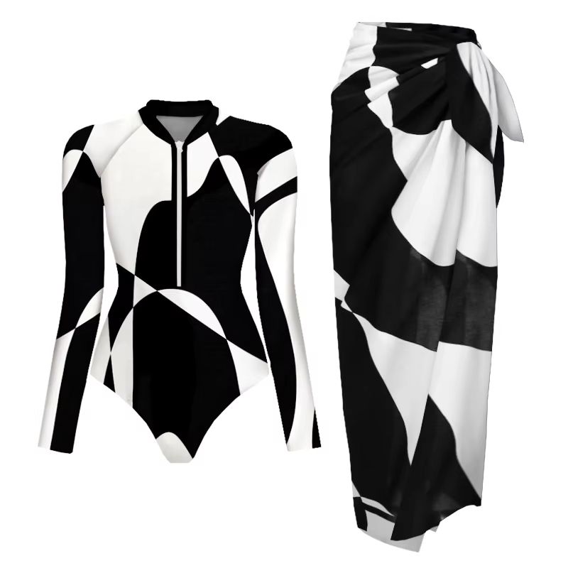Womens Long Sleeve One Piece Swimsuit With Wrap Skirt Vintage Print Surfing Bathing Suit 5